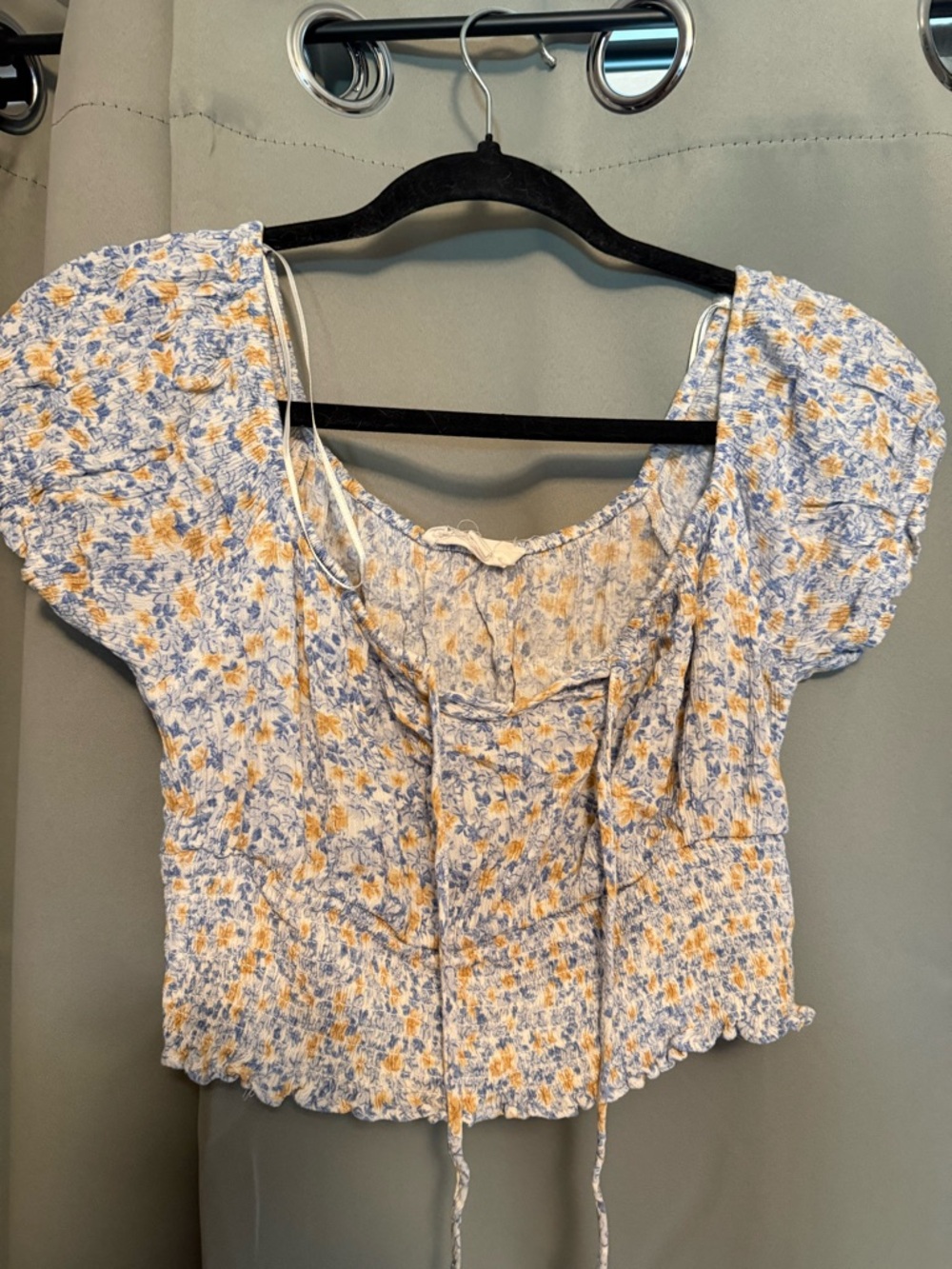 Pink Rose Blue & Yellow Floral Smocked Puff-Sleeve Crop Top